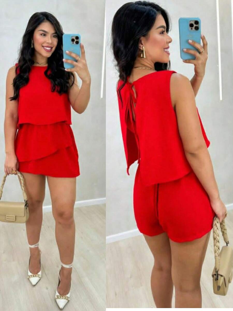 Women's Short Layered Jumpsuit With Tie At The Back - Red (layers) - View 1