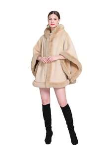 1pc Women's Hooded Multi-Color Faux Rabbit Fur Faux Fur Trim Thick Warm Windproof Fashion Poncho Shawl, Suitable For Daily Wear, Parties, Holidays, Travel