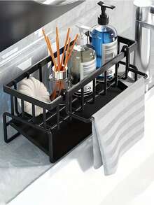 Kitchen Sink Organizer Rack With Integrated Sponge Holder - Black Space-Saving Countertop Storage Rack, Available In 2 Materials And 3 Colors, Sink Drainer Rack To Hold Sponges, Brushes Etc. - Compact Kitchen Organizer Rack For Small Spaces, Sink Organizer Rack, Sink Organizer Rack With Towel Bar, Kitchen Organizer Rack, Sink Accessories Organizer Rack, Kitchen Sink Storage Rack