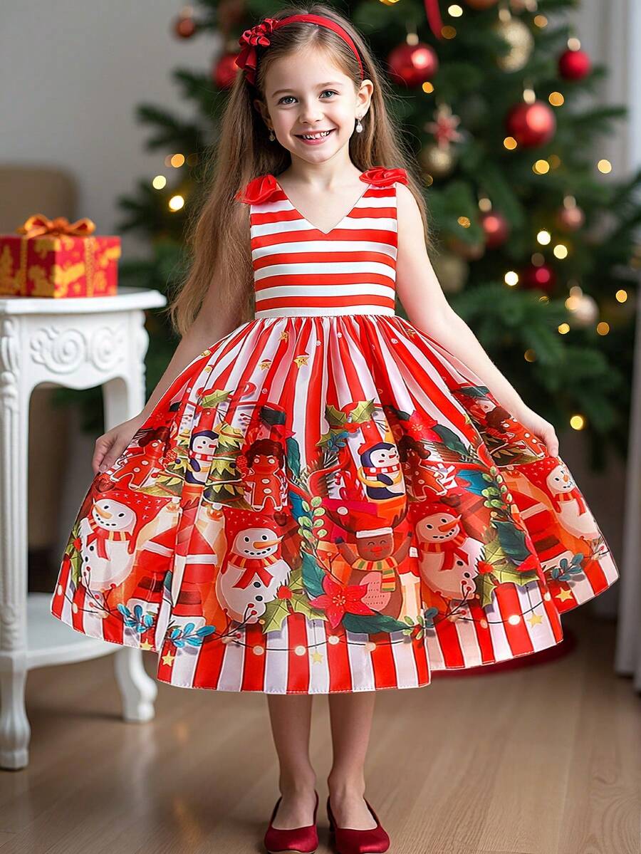 Young Girls Snowman Print Satin Christmas Party Princess Dress, Suitable For Celebrations (Dress Pattern Randomly Cut, Direction Not Fixed, Headband Not Included) - Red - View 1