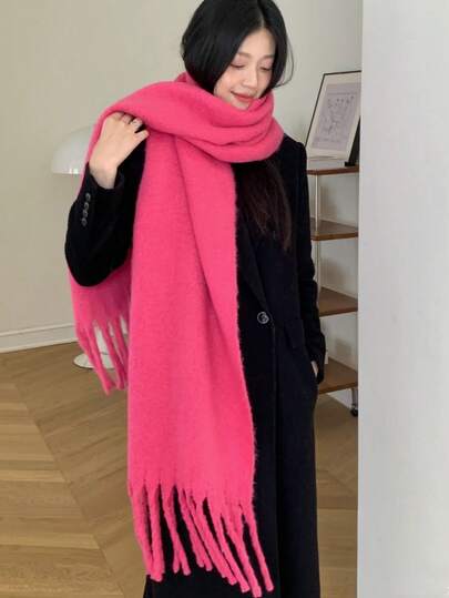 1pc Women's 2025 New Mohair Solid Color Scarf, Winter Warm Versatile Solid Color Shawl Scarf, Outdoor Thickened And Enlarged Thick Whisker Tassel Scarf