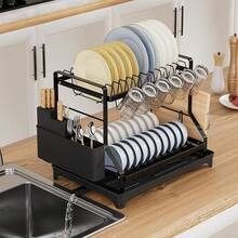 2-Tier Large Dish Racks For Kitchen Counter, Dish Drainers With Drainboard & Utensil Holder, Carbon Steel Cup/Dishes Drying Racks Kitchen Sink Dry Rack Plates Organizer - Black - View 6