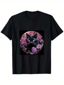 Camiseta Negra Gato Flores de Primavera Púrpura.% Algodón. Impresión de un lado. Camiseta negra de manga corta. Feliz Regalo de Pascua para Familia y Amigos. Tallas S-. 1 pieza. Peso de la tela 180g - Negro - Ver 6