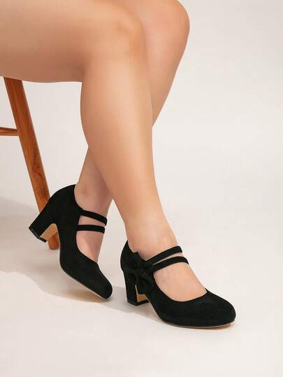 Plus Size Autumn/Winter Fashion High Heel Mary Jane T-Strap Shoes, Thick Heel Formal Work Office Shoes, Casual Dress Pumps With Bow, Outdoor Women Shoes (Please Check Size Chart, Runs Slightly Big)