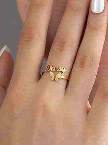 1 Customized Stainless Steel Butterfly And Letter Interlocking Ring, Personalized English Name Carving Ring, 18K Gold-Plated Luxury Accessory, - Multicolor - View 7