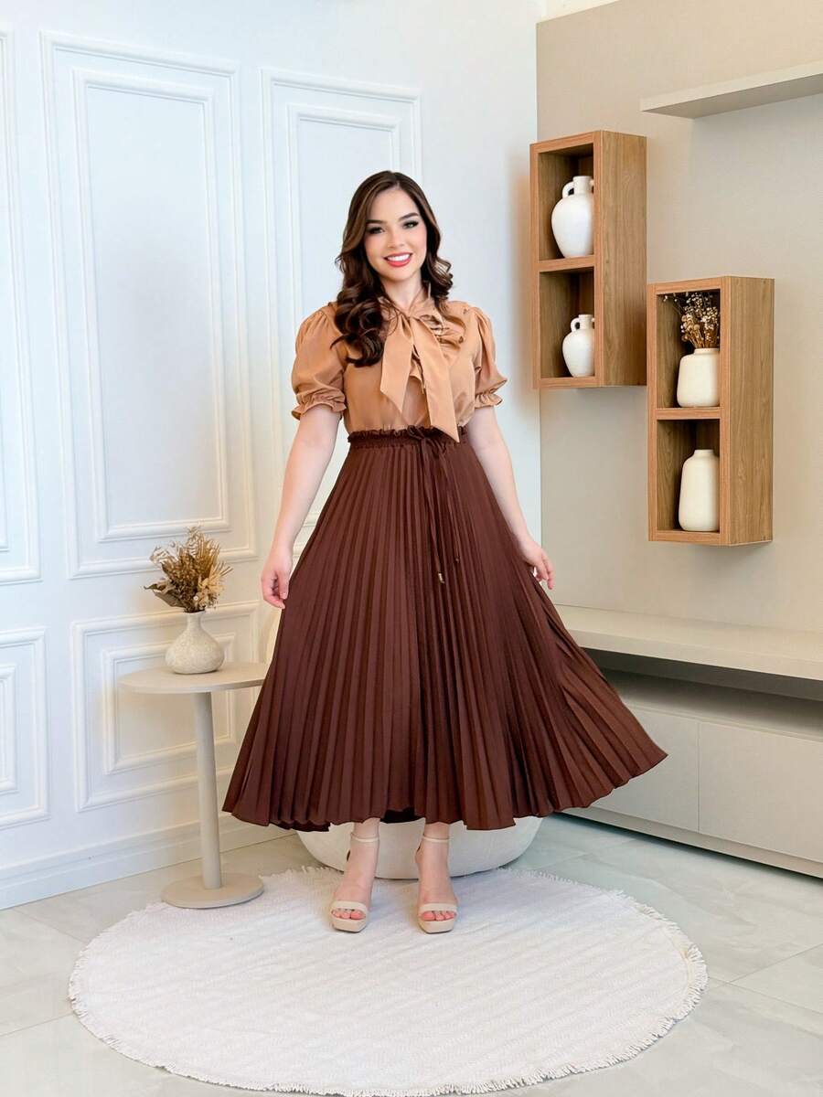 Pleated Skirt With Elastic At The Waist - marrón - Ver 1