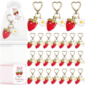 10 Sets Strawberry Keychain Party Favors Cute Strawberry Keyring Charms With Thank You Cards And Organza Bags For Baby Shower Wedding Guests Marry Christmas