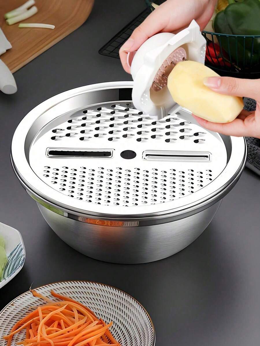 不锈钢多功能滤网篮 - 加厚网眼篮带切丝板，用于沥干和冲洗水果蔬菜 厨房用品 厨房配件 厨房工具 - 彩色 - 查看 1