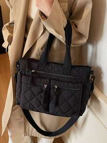 女士大容量尼龙单肩包 - 前置口袋和拉链斜挎设计 - 黑色 - 查看 6