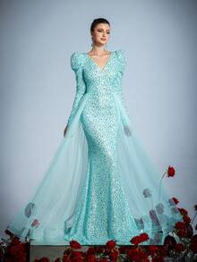 Faeriesty Vestido elegante de manga larga con cuello en V para damas, diseño con abertura alta y cautivadora cola de pez | Perfecto para galas formales, alfombra roja, bodas de lujo, bailes benéficos, eventos corporativos de alta gama - Azul - Ver 5