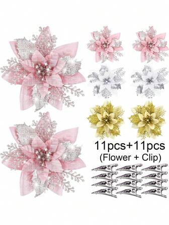 22개 크리스마스 글리터 인공 꽃 - 클립이 달린 플라스틱 크리스마스 트리 장식 (꽃 11개 + 클립 11개), 재사용 가능, 깃털 없음, 크리스마스, 결혼식, 생일, 휴일 장식용, 전기 없음 (멀티컬러), 크리스마스 파티 용품, 크리스마스 매달린 장식