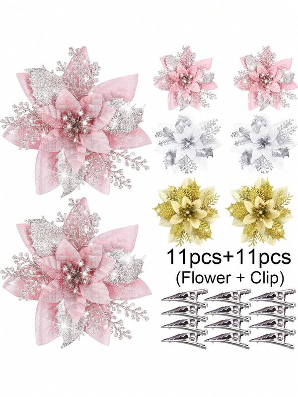 22pcs Christmas Glitter Artificial Flowers - Plastic Christmas Tree Decorations With Clips (11 Flowers + 11 Clips), Reusable, No Feathers, For Christmas, Wedding, Birthday, Holiday Decor, No Electricity (Multicolor), Christmas Party Supplies, Christmas Hanging Decorations