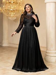 UNITHORSE Plus Size Women's Stand Collar Petal Sleeve Handmade Rhinestone Decor Fitted Faux Luminous Formal Evening Gown, Wedding Party Dress Black Spring - Black - View 4