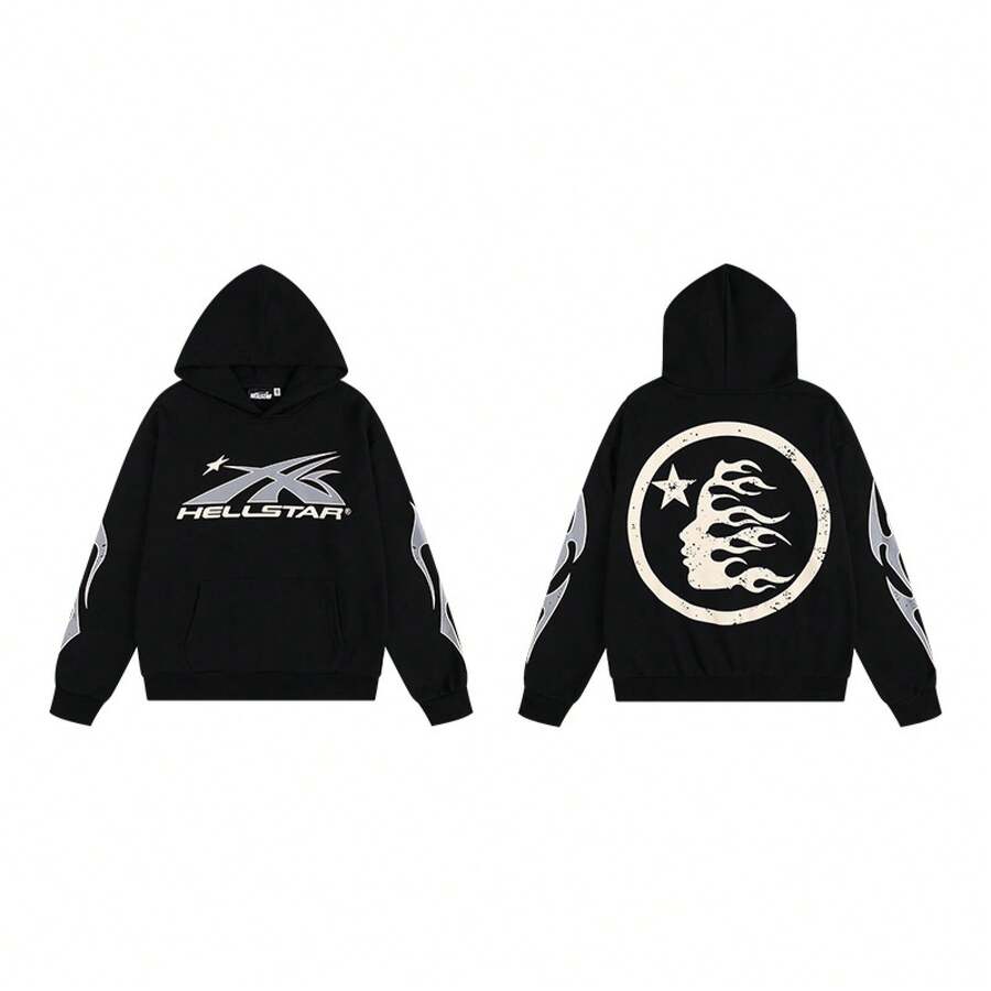 Hoodie, Retro Letter Print Hoodie, Men's Streetwear Long-Sleeve Hooded Sweatshirt, Couple Matching Outfit Sweatshirts - H509 đen - Xem 1