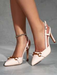 Nuevas sandalias de tacón alto de punta fina para mujer, color albaricoque, elegantes y elegantes, con diseño de hebilla ajustable, talón abierto, moda de verano con tacón fino, adecuadas para ir al trabajo, citas, fiestas, bodas y uso diario - Albaricoque - Ver 7
