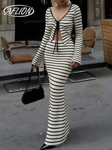 Aflion 2pcs/Set Women's Casual Striped Print V-Neck Tie Front Long Sleeve Cardigan Top And Long Fitted Skirt Suit, Apricot Color, Striped Tie Front Top And Striped Maxi Skirt, Bohemian Style For Music Festival, Carnival, Valentine's Day - Apricot - View 2