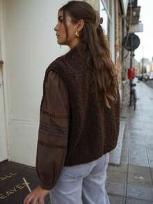 Women's Fashionable Black Sleeveless Vest With Waterfall Collar, Knitted Fabric, Button Front, Regular Length, Suitable For Casual Style Spring - Brown - View 5