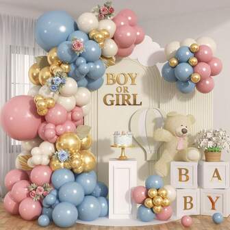 92 件性别揭秘气球拱门花环套装，灰粉色和蓝色气球金属金沙白色气球，用于性别揭秘波西米亚风单身派对生日婴儿洗礼新娘熊主题派对装饰