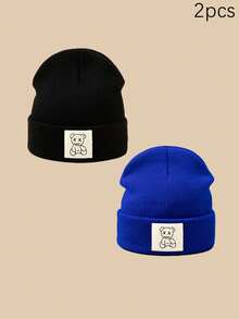 1/2/3pcs Unisex Line Bear Print Knit Beanie Hat, Soft Warm Casual Outdoor Fashion Headwear, Suitable For Daily Wear