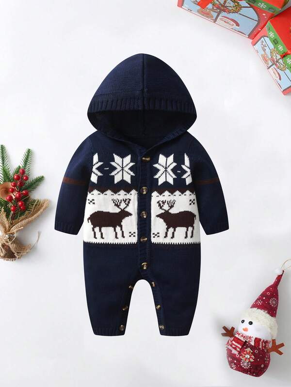 جمبسوت رضيع ذكر مصنوعة من الأكريليك مع قبعة وأكمام طويلة، بنمط الرنة، مناسبة لحفلات العطلات والكريسماس والخارج والمنزل، للخريف/الشتاء