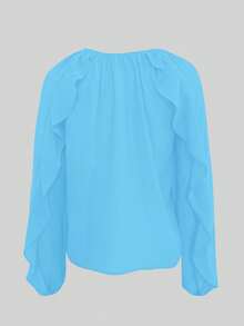 Women's Elegant V-Neck Ruffle Hem Asymmetric Button-Up Casual Chiffon Blouse, Long Sleeve - Blue - View 9