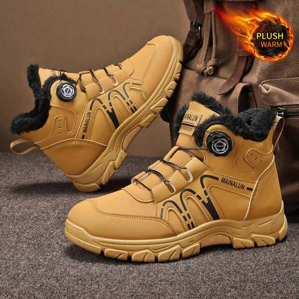 1 Pair Men's Warm Snow Boots - Fleece Lining, Comfortable For Winter, Suitable For Snow, Camping, Hiking And Casual Wear, Couple's Ankle Boots, Simple Solid Color Design, High-Top Strap Closure, Lightweight Soft-Sole Walking Shoes