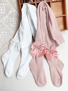 2pcs Girls' Bow Decor Basic Tights, Sweet Daily Colors, Suitable For Girls' Everyday Wear - Multicolor - View 5