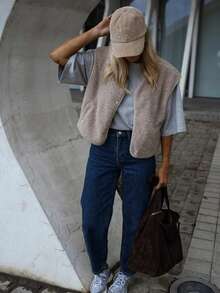 Women's Fashionable Black Sleeveless Vest With Waterfall Collar, Knitted Fabric, Button Front, Regular Length, Suitable For Casual Style