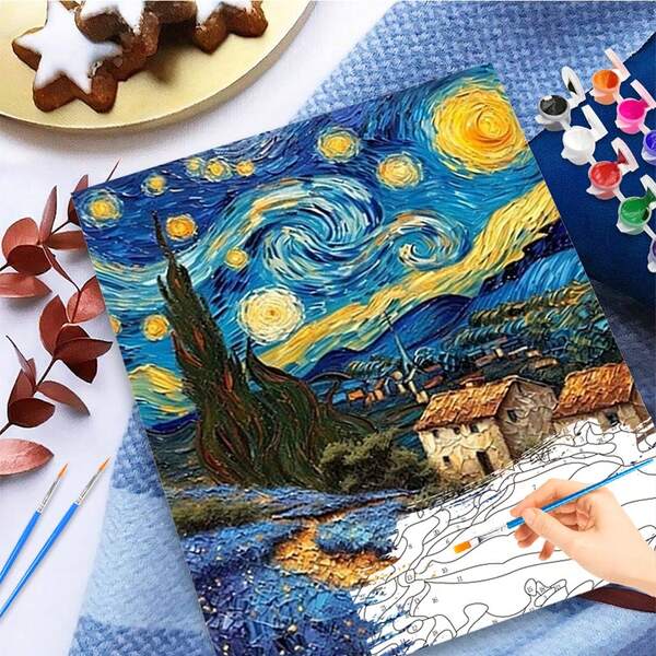 1pc DIY Frameless Canvas Painting Kit By Numbers - Abstract Colorful Natural Scenery, Starry Night Scene - Fun And Simple Adult Digital Oil Painting For Home Wall Decor