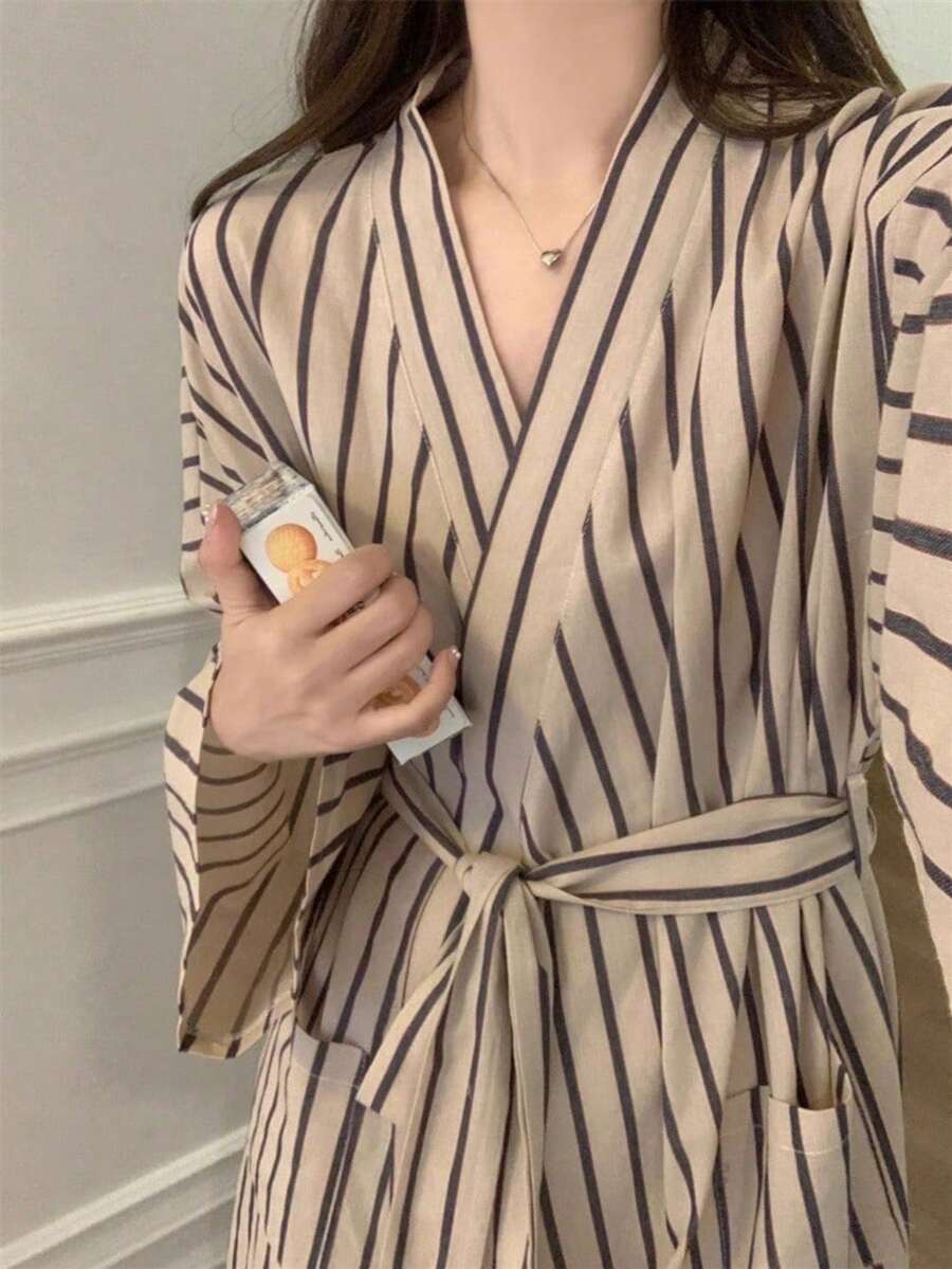 女士简约欧美风长袖浴袍，蓝色格子印花甜美可爱简约轻薄浴袍，春秋开学季 - 彩色 - 查看 1