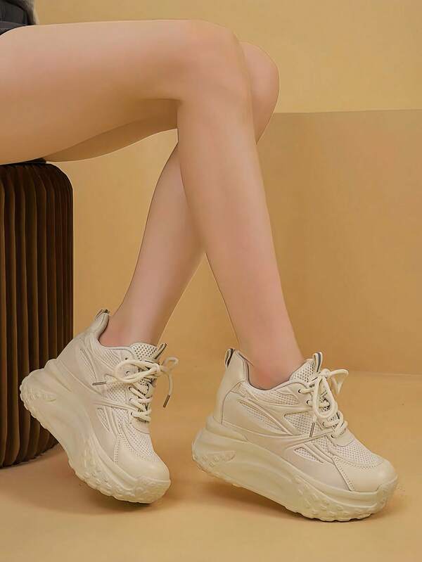 2025 New Women's Fashion Casual Platform Thick Bottom Sneakers, Beige High Heel Shoes, 7CM Lightweight Non-Slip Durable Increase Height, Soft Bottom Shock Absorbing, Suitable For Daily, Dating, Work, Office, Teenagers, College Students, Skateboard Shoes