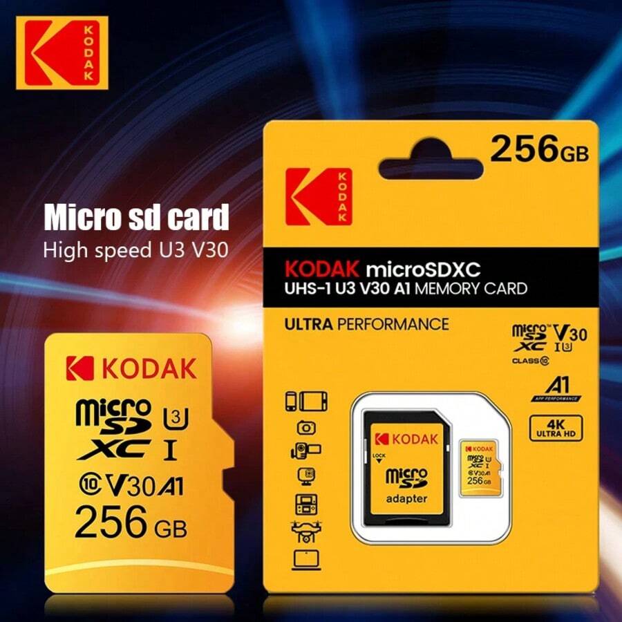 Kodak 柯达存储卡 32GB 64GB Micro SDXC 128GB Class10 存储卡 128GB 256GB U3 C10 TF 卡 100MB/s A1 SDHC UHS-I V30 闪存卡，适用于相机、电脑、汽车