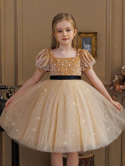 Vestido elegante de fiesta con mangas abullonadas doradas, borde con estrella hecho a mano con cuentas, vestido de princesa adecuado para fiesta de cumpleaños de niña, niña de las flores, boda, Día de Acción de Gracias