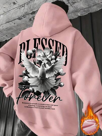 K-GLORY 男士连帽衫，新款秋冬街头风和平鸽和英文标语印花保暖套头卫衣