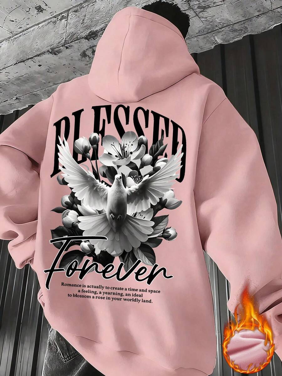 K-GLORY Men's Hoodie, New Autumn/Winter Street Style Peace Dove & English Slogan Print Thermal Lined Pullover Sweatshirt - Pink - View 1