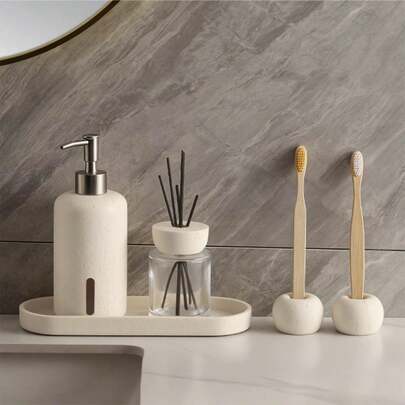 Bộ đồ dùng phòng tắm bằng đá nhân tạo, Hộp đựng xà phòng, Hộp đựng chai đựng kem dưỡng da có vòi bơm, Giá để bàn chải đánh răng, Khay đựng đồ, Khay đựng đồ phòng tắm, Hộp đựng đồ phòng tắm, Phụ kiện phòng tắm, Đồ trang trí phòng tắm