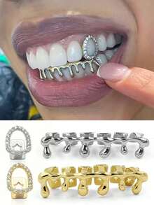 1pc Hollow Cubic Zirconia Combination 6-Tooth Water Drop Shaped Metal Hip Hop Tooth Jewelry, Unisex Everyday & Festival Accessory - Multicolor - View 1