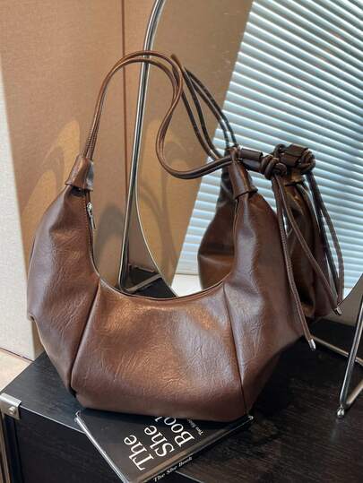 Vintage PU Material Zipper Closure Patchwork Large Crescent Bag, Casual Relaxed Style Hobo Bag, Spacious Minimalist Shoulder/Crossbody Bag, Suitable For Women Daily Commute