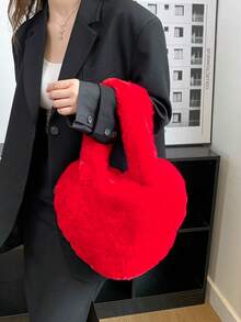 1pc Fluffy Heart Shaped Large Shoulder Bag, Zipper Closure, Handheld Or Shoulder Strap, Suitable For Vacation, Daily Shopping, Gift For Mom, Autumn/Winter