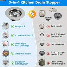 3-In-1 Stainless Steel Kitchen Sink Strainer And Drain Stopper - 304 Stainless Steel, Fits 3-1/2 Inch US Standard Sink - Silver - View 5
