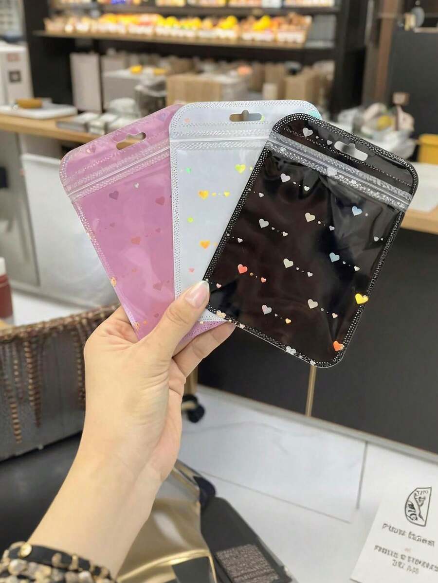100/1pc，口袋激光包装袋，爱心自封袋，可重复密封的珠宝袋，渐变色珠宝收纳袋，珠宝防尘防氧化袋，隐形拉链珠宝袋，适用于耳环、戒指、吊坠、小饰品等节日礼物。