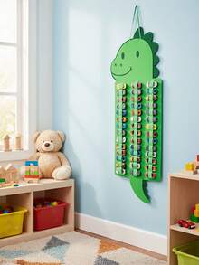 1PC Dinosaur Shaped Car Organizer, Kids Wall Hanging Toy Storage For Matchbox Cars, Green Felt Race Car Display Holder, Nursery Playroom Wall Decor With Individual Pockets.