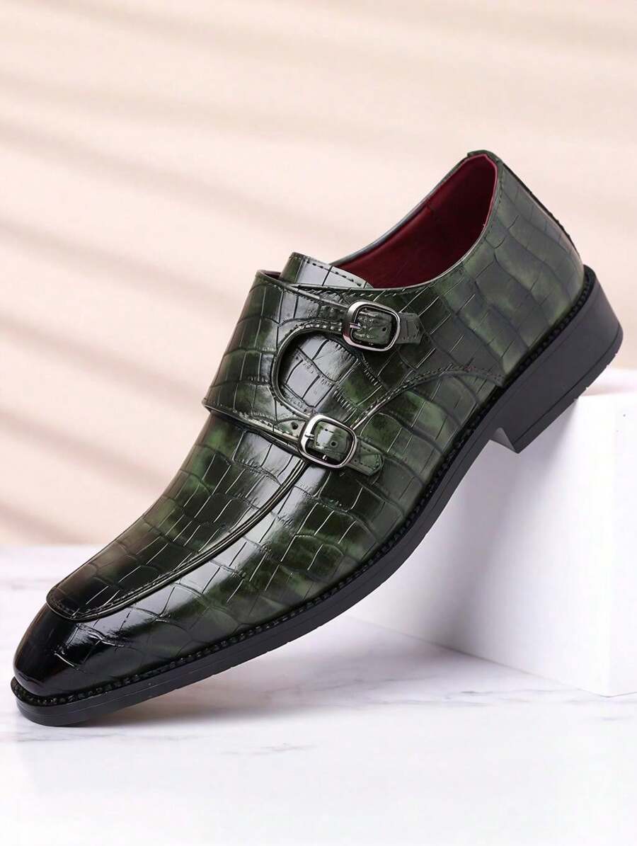 Men's Faux Leather Crocodile Embossed Monk Strap Dress Shoes – Dual Buckle Closure Polished Finish Pointed Toe Non-Slip Rubber Sole Lightweight Durable Formal Footwear | Ideal For Office, Weddings & Formal Occasions - 綠色 - 查看 1