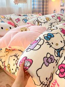 Juego de ropa de cama de 2-3 piezas de Sanrio Hello Kitty/Kuromi/Cinnamoroll/Pochacco/My Melody para otoño/invierno, (1 funda nórdica + 1/2 funda de almohada), funda nórdica de terciopelo de leche y juego de edredón grueso y cálido, funda de edredón suave y cómoda para cama individual/doble para dormitorio estudiantil, hogar (sin relleno) - Blanco - Ver 6