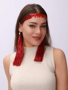 一套女士复古70/80年代迪斯科配饰 - 亮片发箍 + 流苏耳环，适合复古迪斯科风格、圣诞节、万圣节、派对、嘻哈音乐节，吸睛组合，适合女孩派对装扮