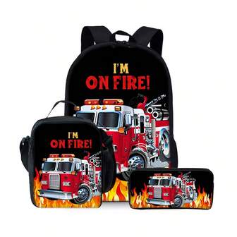 消防车图案印花17英寸背包三件套（单层背包+肩带午餐袋+单层笔袋）