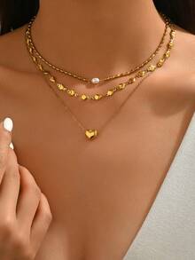 1 套浪漫不锈钢项链套装，适合女性日常佩戴或派对场合 - 金黃色 - 查看 8