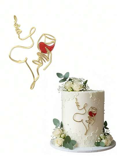 1件优雅金色线条艺术蛋糕装饰插牌，精致亚克力女士与葡萄酒蛋糕装饰，女性剪影生日装饰，适合成人派对庆典