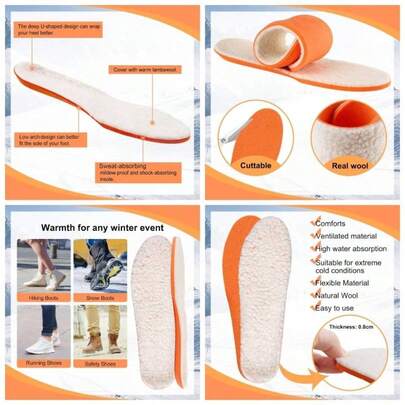 Warm Wool Insoles Men Cushion Thermal Winter Inserts Boots Shoes Soft Lambswool Inner Sole Comfort Sheepskin Fleece Liners Cotton Slippers Black US 12 EU43