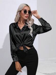 Women's Long Sleeve Satin Silk Blouse - Luxurious Glossy Silky Shirt, Wrinkle-Resistant Loose Fit Top For Office Daily Casual Spring Fall Winter - 黑色 - 查看 9